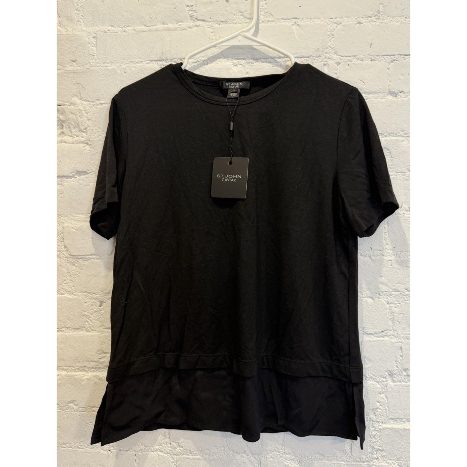 St John Caviar Knit Black Silk Layer Womens Petite Top **$265 Retail** Size S